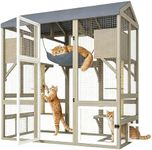 PetsCosset Catio Outdoor Cat Enclosures Walk-in Large Cats Patio for Indoor Outdoor Cats Window Catios Wooden House with 2 Scratching Posts, 2 Resting Room,Waterproof Roof,Playforms 66.5" H