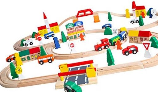 Orbrium 100-Piece Toys Triple-Loop Wooden Train Set Fits Thomas Brio Chuggington