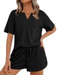 Ekouaer 2 Piece Women Lounge Sets Short Sleeve Top and Shorts Waffle Lounge Set Tracksuits Sweatsuits Black L