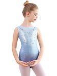 Monbessi Gymnastics Leotards for Girls Sleeveless Sparkle Leotard Dancing Ballet Round Neck Gymnastics Outfits 5-12 Years (110 (105-115cm, 5-6 years), Blue-Sleeveless)