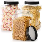 Lawei 3 Pack Square Clear Plastic Jars, 98 Oz Wide Mouth Storage Containers with Screw-On Lids, Refillable BPA Free Empty PET Jars for Dry Goods Peanut Cookies Candy, Easy Grip Airtight Storage Jar