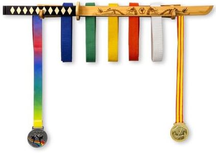 Tilhumt 12 Belts Karate Belt Display Rack with Movable Wooden Katana, Taekwondo Belt Display with 2 Medal Hooks, Martial Arts Belt Holder, Great Gift for Adults, Teenagers, Kids