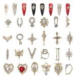 3D Nail Charms, 24 Pcs Shiny Nail Rhinestones Gems Heart Cross Nail Art Charms Gold Metal Nail Jewelry Luxury Crystal Nail Art Decoration for Nail Design DIY Crafts (Gold)