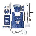 Kids Police Costume for Role Play 14 Pcs Police Toys with Police Badge, Kids Handcuffs, Shield, Vest, Flashing Light, Whistle, Police Baton - Police Officer Halloween Costume for Boys and Girls