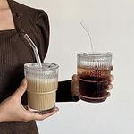 UPSYTIO Glass Tumbler Cup with Straw and Lid - Set of 2, 13 oz Drinking Jars for Ice Coffee, Juice, Beverages, Iced Coffee, Tea, Smoothie, Soda, Milk - Dishwasher Safe (Clear)