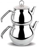 DESTALYA Turkish Teapot Set Stainless Steel | Double Tea Pots for Stove Top, Tea Maker with Handle | Samovar Style Self-Strained Tea Kettle | Water Heater Warmer (Mini with Metal Handles)