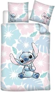 Juego de cama Stitch Flowers Double para 2 personas, funda nórdica de 240 x 220 cm y 2 fundas de almohada de 65 x 65 cm, polialgodón