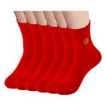 AMZZTCQ Men's round neck sports casual comfortable calf socks, size6-10,6 pairs of red embroidery "福(Fu)"