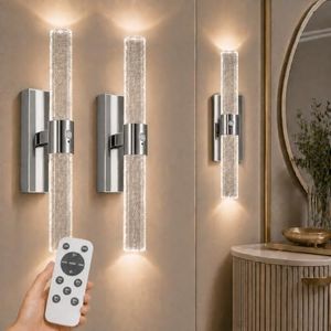 Motion Sensor Wall Sconces Battery Operated Set of 2, Rechargeable Wall Sconce, 3CCT Battery Wall Sconce, 12000mAh Dimmable with Remote for Bedroom, Living room, Hallway (15.3 inch - Chrome - 2 Pack)