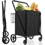 COSTWAY 126L/150kg Folding Shopping Trolley on Wheels, Metal Utility Push/Pull Cart with Removable Waterproof Liner, Back Basket & Foam Covered Handle, Rolling Grocery Trolley (Black)