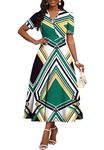 MarryUP Womens Midi Dresses V Neck Cocktail Church Tea Dresses Short Sleeve A-Line Swing Dresses, 004-green Block, X-Large