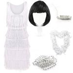 White Deluxe Flapper Dress - Large - Ladies Deluxe White Flapper Costume with Matching Sequin Headband, Silver Pearl Necklace, Feather Boa, Bob Wig - 1920's Party Dress