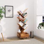 Birdhut Solid Sheesham Wood 7 Tier Tree Bookshelf with Drawer - 7 Open Shelf Bookcase with Metal Legs for Home Office Living Room - Book Shelves Tall Display Unit Book Stand (7 Tier, Natural Finish)