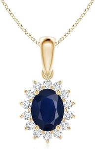 Angara Natural Blue Sapphire Pendant for Women | Oval Sapphire Pendant with Floral Diamond Halo in Yellow Gold | September Birthday, Anniversary, Gemstone Jewelry Gift | A | 12x10mm