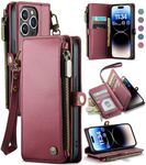 Defencase iPhone 14 Pro Case, RFID Blocking iPhone 14 Pro Case Wallet for Women Men with Card Holder, Zipper Pocket Flip PU Leather Protective Wallet Phone Cases for iPhone 14 Pro [6.1"], Wine Red