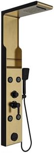 ELLO&ALLO Shower Panel Tower System with Shelf, Rainfall Shower Head and Rain Massage System with Body Jets, Stainless Steel Bathroom Fixtures, Brushed Gold&Black