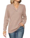 IECCP Women's Clothing Winter Jumper V Neck Long Sleeve Tops Women Solid Color Pullover Lapel Knit Sweater Khaki L