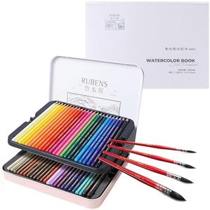 rubens Watercolor Pencils Kit, 48 Soft Core Colored Pencils with 4 Pcs Watercolor Paint Brushes and 20 Sheets of 140lb/300gsm White Watercolor Paper 7.67”x10.63” Hot Pressed
