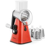 Yabano Rotary Cheese Grater, Vegetable Slicer with 3 Replaceable Stainless Steel Drum Blades, Cheese Shredder with Handle, Easy to Clean Grater for Fruit, Vegetables, Nuts, Red