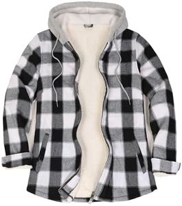 Womens Hooded Flannel Sherpa Fleece Lined Jacket Zipper Long Sleeve Thick Tartan Plaid Christmas Shirts Coats Black Grey XXL