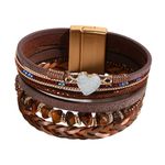 KunBead Sparkly Heart Brown Leather Wrap Bracelets for Women Handmade Braided Boho Multilayer Magnetic Buckle Bracelet Wristband Cuff Bangle