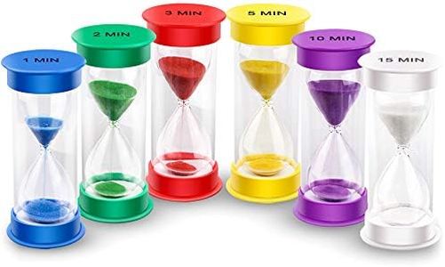 EMDMAK Sand Timer, Acrylic Hourglass Timer Colorful Sandglass Timer 1 min/2 mins/3 mins/5 mins/10 mins/15 mins Sand Clock Timer for Games Classroom Home Office(Pack of 6)