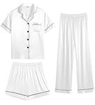 SWOMOG Womens Satin Pyjama Sets Ladies Silk Nightwear 3 Piece Short Sleeve Pj Set Button Down Sleepwear Set Loungewear White