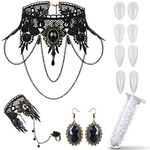 Yumoin 9 Pieces Halloween Vampire Choker Necklace Gothic Black Lace Choker Necklace with Bracelet Earrings and Vampire Teeth Fangs for Halloween Costume Accessories Women, Resin