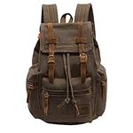 Vintage Unisex Casual Leather Backpack Canvas Rucksack Bookbag Satchel Hiking Backpack Travel Outdoor Shouder Bag (Brown)