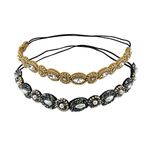 yueton Pack of 2 Handmade Crystal Rhinestone Beads Elastic Headband Hair Band Women Hair Accessories (Navy blue + Gold)