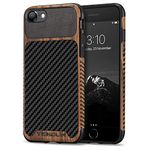 TENDLIN Compatible with iPhone SE 2022 Case (3rd Gen)/iPhone SE 2020 Case (2rd Gen)/iPhone 8 Case/iPhone 7 Case Wood Grain with Carbon Fiber Texture Design Leather Hybrid Slim Case Black