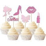 24Pcs Princess Cupcake Toppers, Pink Glitter Girl Princess High Heel Lipstick Red Lips Bow Tie Cupcake Picks for Girls Princess Theme Birthday Wedding Bridal Shower Party Cake Decorations Supplies