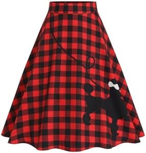 ZEZCLO Women's 50s Vintage Poodle Skirt Dog Printed High Waist Loose Fold Pleated A-line Zipper Skirts Red Grid XL