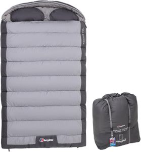 Berghaus Double Sleeping Bag – Waterproof, Built-in Pillow, 2-3 Season, Grey