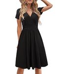 STYLEWORD Women's Summer Short Sleeve Dress Wrap V Neck Midi Sundress with Pockets A line Flare Work (Black,L)