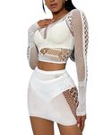 Buitifo Women Lingerie Set Sexy Mesh Two Piece Sets Long Sleeve Tops and Bodycon Skirts Sleepwear Nightwear Set(White,M)