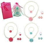 Elesa Miracle Girl Party Favor Pretend Play Princess Pearl Jewelry Value Set-Necklace, Bracelet, Earrings, Ring, Pink,Rose red,Green