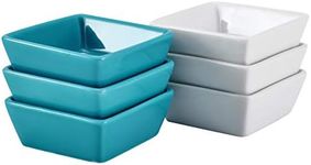 Bruntmor Ceramic Square Baking Ramekins For Soufflé, Crème Brulee, Jams, Dipping Sauces, French Onion Soup Oven Safe, Appetizer Sauce Dipping Bowls, (4 Oz, Set Of 6), serving bowls White & teal