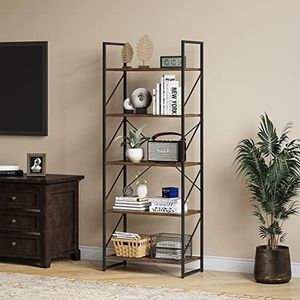 YITAHOME Librería de 5 Niveles, Estantería de Libros sobre pie, Estante de Madera y Marco de Metal, Estantes de Almacenamiento para Salón, Sala de Estar, Oficina en casa, Marrón Rústico