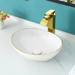 Davivy 16.1"x13.4" Oval Bathroom Vessel Sink with Pop Up Drain,White Vessel Sink with Gold Trim,Ceramic Vessel Sink Above Counter,Egg Shape Sink Bowl for Bathrooms