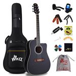 Winzz Full Size 4/4 Acoustic Guitar Kit for Adults Beginner, Black Acoustic Steel-String Guitar for Children Student Age 12+ Years (41 Inches, Cutaway）