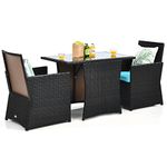 KOTEK 3 Piece Outdoor Dining Set, PE Rattan Dining Table & Chairs Set with Tempered Glass Top & Cushions, Wicker Conversation Set, Patio Bistro Set for Backyard Garden Porch (Turquoise)