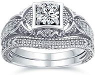 AAA CZ Victorian Vintage Art Deco Style Heirloom Milgrain 1CTW Princess Brilliant Solitaire Engagement Ring Wedding Set Contoured Band For Women .925 Sterling Silver