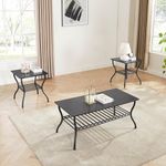 FILINGSKY 3-Piece Coffee Table Set, Tempered Glass Surface Living Room Sets, Coffee Table & 2 End Side Table, Metal Frame for Living Room, Home Office
