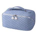 BATFIELD Cosmetic Bag for Women, Litchi PU Leather Makeup Pouch for Women, Large Capacity Cosmetic Travel Bag, Portable Makeup Kit Storage Bag with Handle and Divider (Checkered Blue) 23x12x12 cm