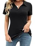 RANPHEE Summer Tops for Womens Black Short Sleeve Collared Polo Shirts Casual V Neck Tunic Ladies Loose Fit Fashion Trendy Clothes L