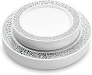 MATANA 40 Premium White Plastic Plates with Silver Lace Rim - 20 26cm Dinner Plates, 20 19cm Dessert Plates - Elegant & Reusable Party Tableware for Weddings, Birthdays, BBQ, Parties