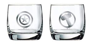 Marvel Whiskey Glass Set - Captain America & Thor Logos - Collectible Gift Set of 2 Glasses - 10 oz. Capacity - Classic Design - Sturdy Base - Perfect for Scotch, Bourbon, and Cocktails