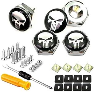 Aootf License Plate Screw Bolt Caps- Logo Billet Metal Car License Plate Bolts Frame Screw Cover with Black Skull Sticker, License Plate Frame Security Fastener Kit with Anti-Rattle Foam Pads