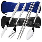 8 Pieces Flatware Sets Knife, Fork, Spoon, Chopsticks, SENHAI 2 Pack Rustproof Stainless Steel Tableware Dinnerware with Carrying Case for Traveling Camping Picnic Working Hiking(Dark Blue,Black)